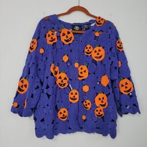Vintage Michael Simon Halloween Crochet Cardigan Sweater size XL Pumpkins Beaded